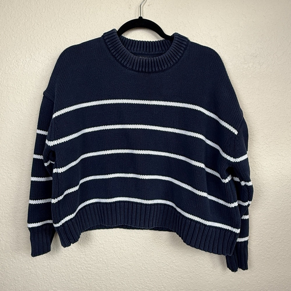 Quince Knit 100% Organic Cotton Striped Crew Neck Sweater Navy White L Fisherman